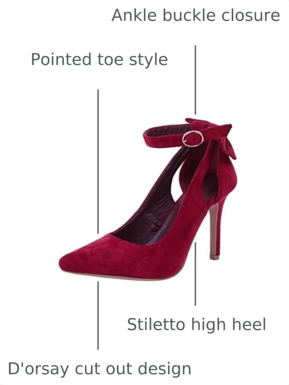 Women's Wine Red Pointed Toe High Heels Ankle Strap Sexy Bowtie Back Sandals